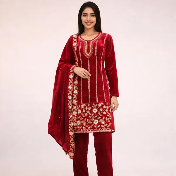 Ruby_Red_Velvet_Embroidered_Kurta_Pant_Suit_Set_For_Women