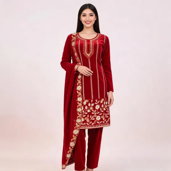 Ruby_Red_Velvet_Embroidered_Kurta_Pant_Suit_Set_For_Women