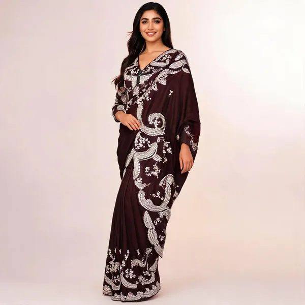 Chocolate_Brown_Chinon_Embroidered_Saree_For_Women