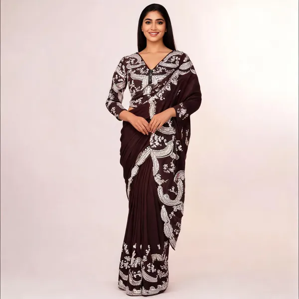 Chocolate_Brown_Chinon_Embroidered_Saree_For_Women