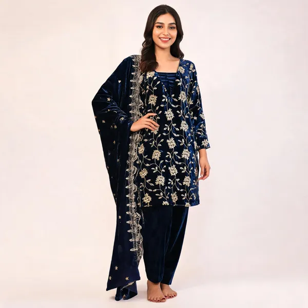 Deep_Navy_Velvet_Embroidered_Kurta_Straight_Pant_Set_For_Women