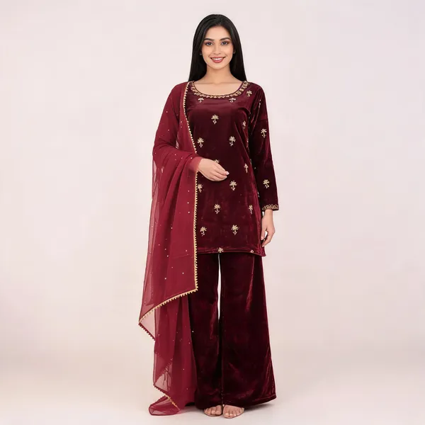 Wine_Velvet_Embroidered_Kurta_Pant_Set_For_Women