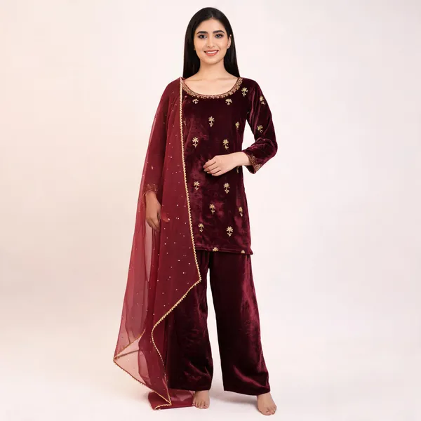Wine_Velvet_Embroidered_Kurta_Pant_Set_For_Women