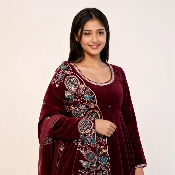 Wine_Velvet_Embroidered_Kaftan_Suit_Set_For_Women