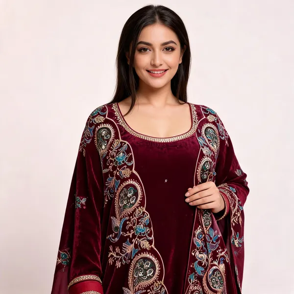 Wine_Velvet_Embroidered_Kaftan_Suit_Set_For_Women