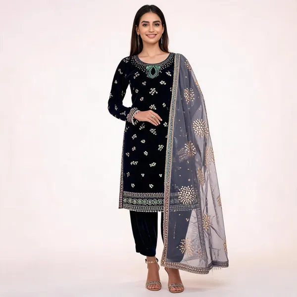 Navy_Blue_Velvet_Embroidered_Kurta_Pant_Set_For_Women
