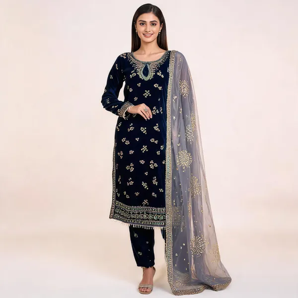 Navy_Blue_Velvet_Embroidered_Kurta_Pant_Set_For_Women