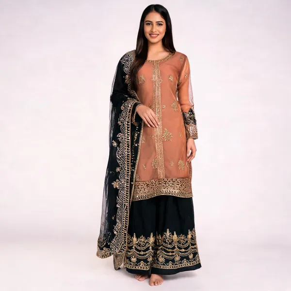 Rust_Orange_Nylon_Net_Embroidered_Kurta_Sharara_Set_For_Women