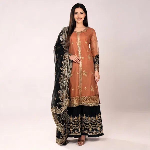 Rust_Orange_Nylon_Net_Embroidered_Kurta_Sharara_Set_For_Women