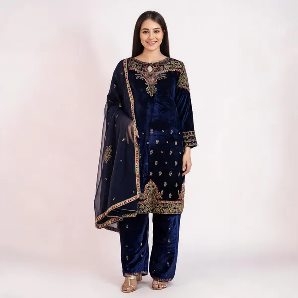 Navy_Blue_Velvet_Embroidered_Kurta_Pant_Set_For_Women