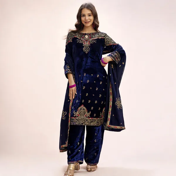 Navy_Blue_Velvet_Embroidered_Kurta_Pant_Set_For_Women