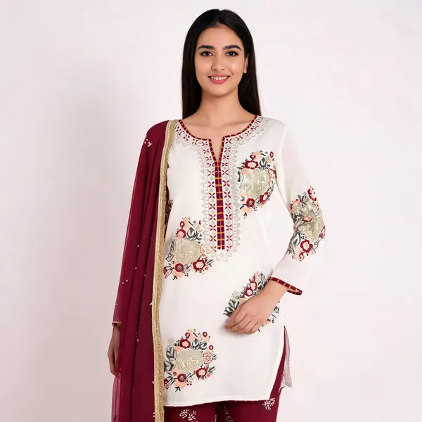 White_Faux_Georgette_Floral_Embroidered_Ethnic_Wear_Set_For_Women