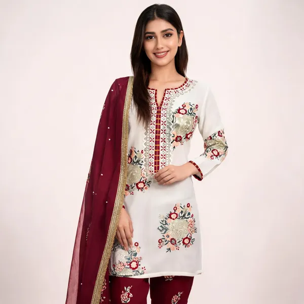 White_Faux_Georgette_Floral_Embroidered_Ethnic_Wear_Set_For_Women
