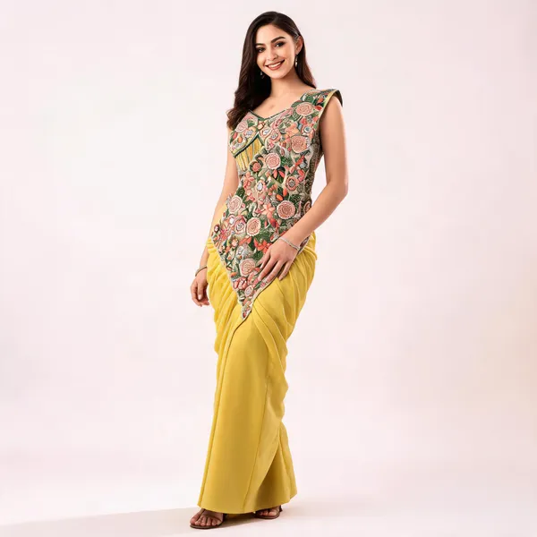 Mustard_Yellow_Chinon_Embroidered_Draped_Saree_For_Women