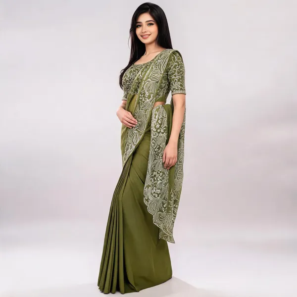 Olive_Green_Chinon_Embroidered_Draped_Saree_For_Women