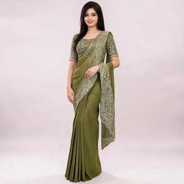 Olive_Green_Chinon_Embroidered_Draped_Saree_For_Women