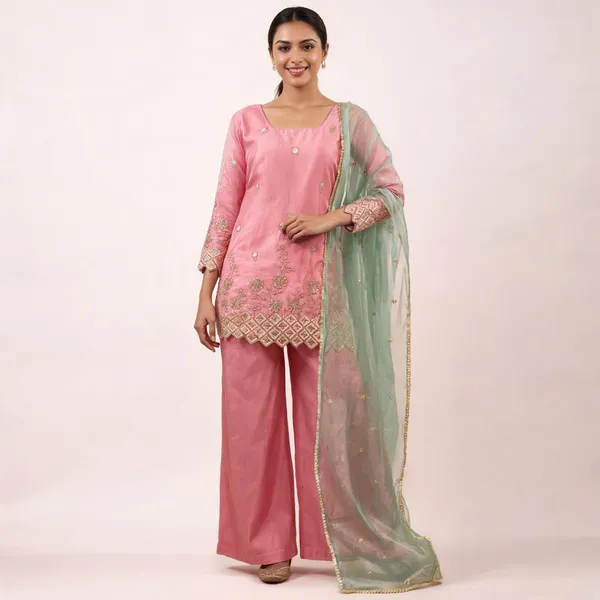 Teal_Blue_Fendi_Satin_Straight_Kurta_Palazzo_Set_For_Women
