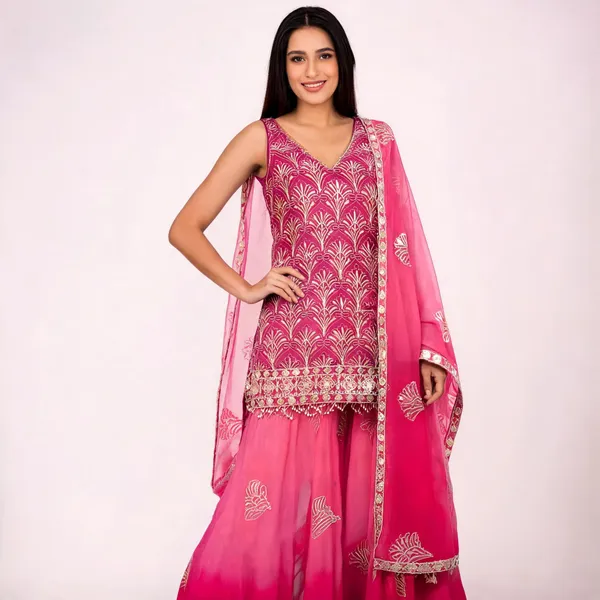 Hot_Pink_Faux_Georgette_Embroidered_Gharara_Suit_Set_For_Women