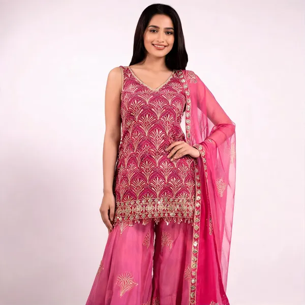 Hot_Pink_Faux_Georgette_Embroidered_Gharara_Suit_Set_For_Women