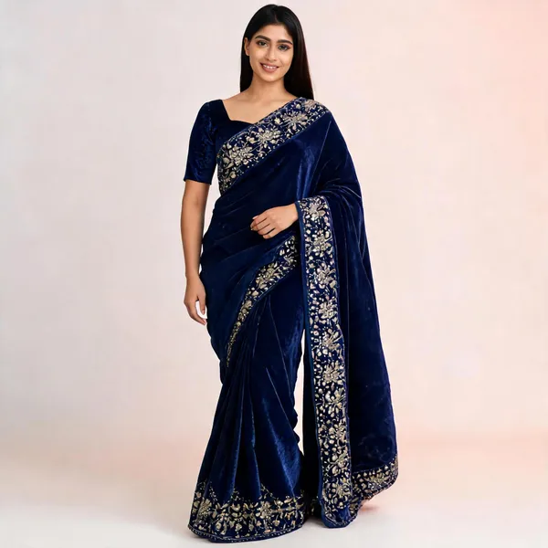 Midnight_Blue_Velvet_Embroidered_Sequins_Saree_For_Women