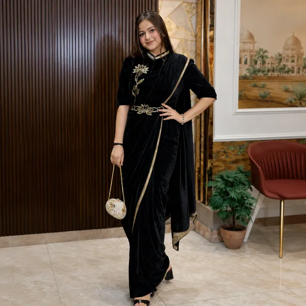 Black_Velvet_Embroidered_Draped_Saree_For_Women