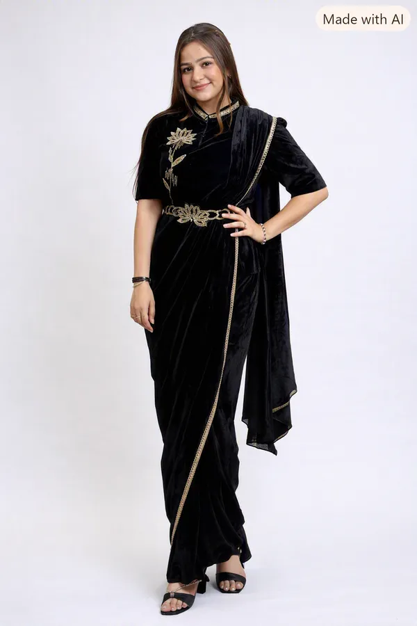 Black_Velvet_Embroidered_Draped_Saree_For_Women