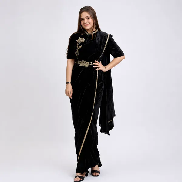 Black_Velvet_Embroidered_Draped_Saree_For_Women