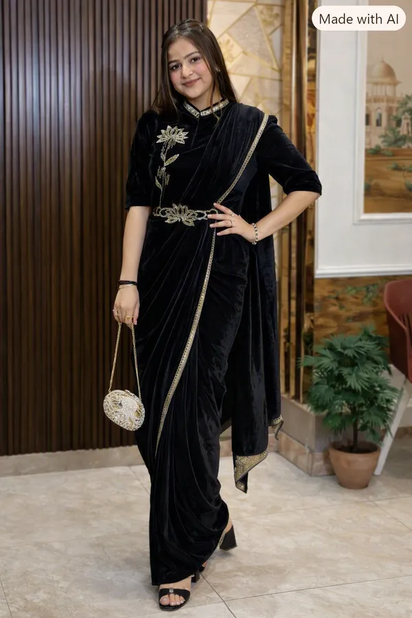 Black_Velvet_Embroidered_Draped_Saree_For_Women