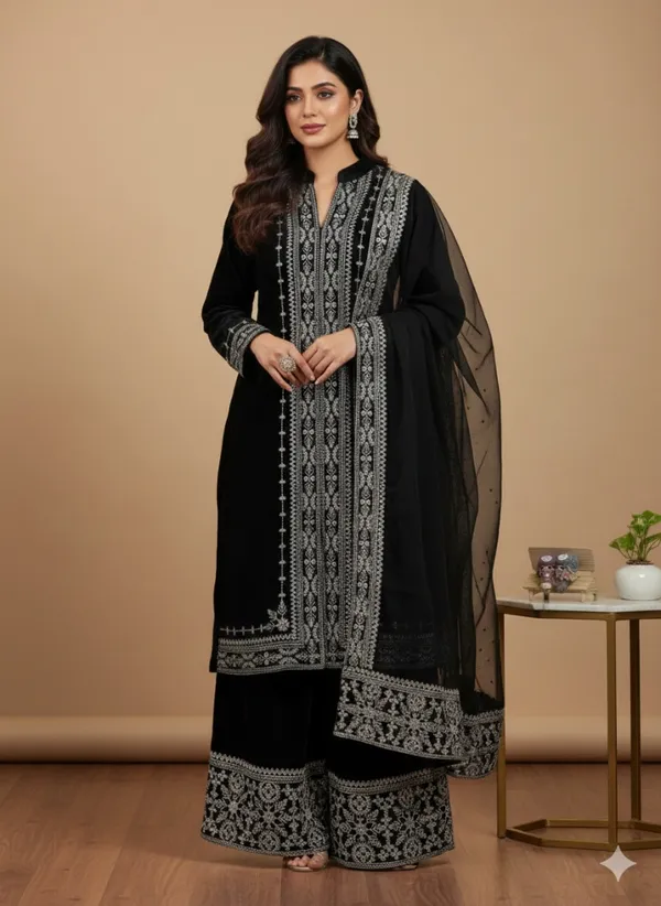 Black_Velvet_Embroidered_Straight_Kurta_Trouser_Set_For_Women