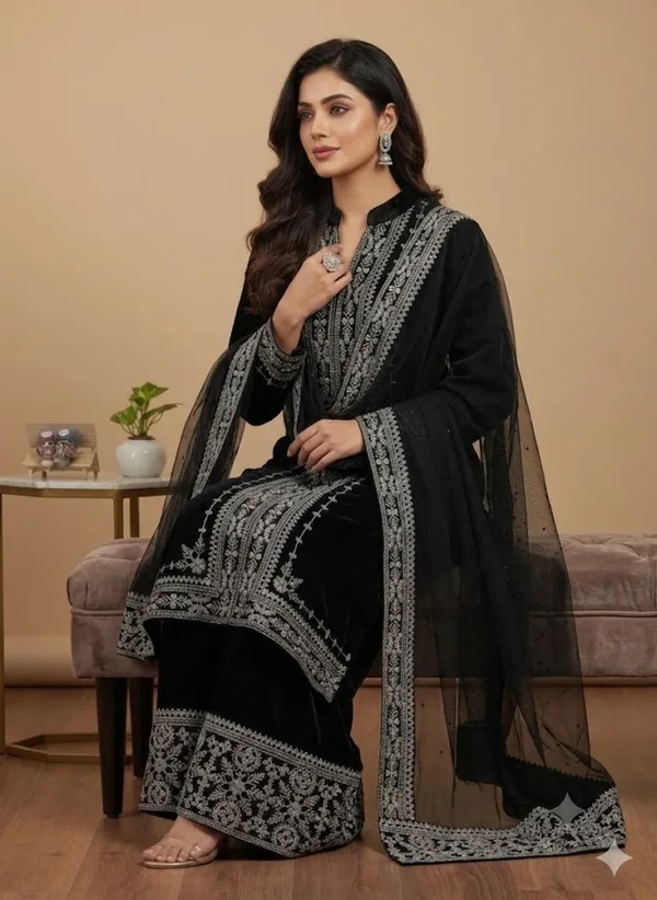 Black_Velvet_Embroidered_Straight_Kurta_Trouser_Set_For_Women