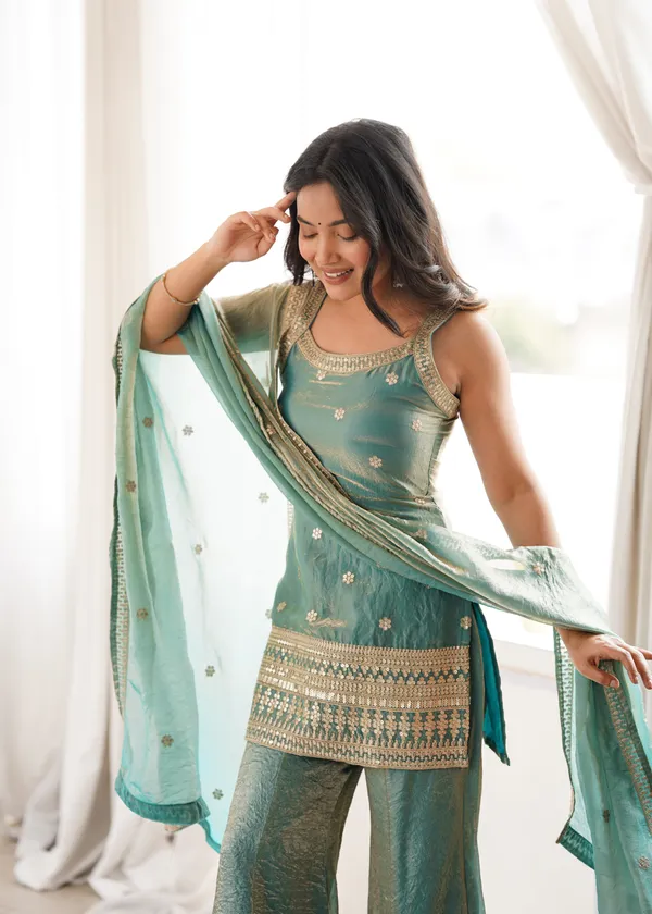 Teal_Net_Embellished_Anarkali_Suit_Set_for_Women
