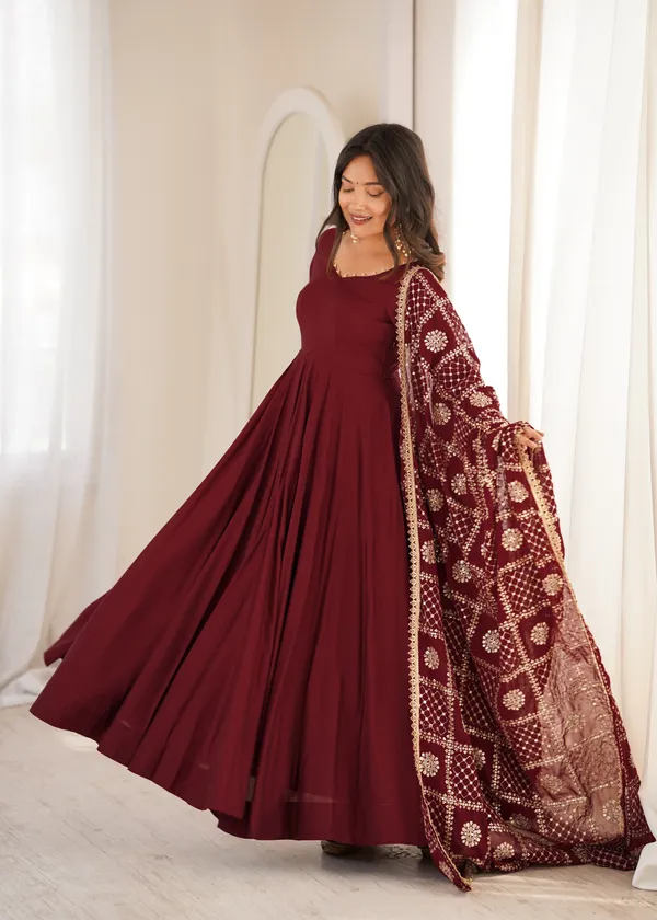 Maroon_Flared_Anarkali_Dress_With_Printed_Dupatta