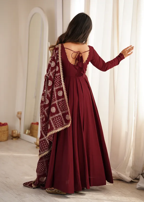 Maroon_Flared_Anarkali_Dress_With_Printed_Dupatta