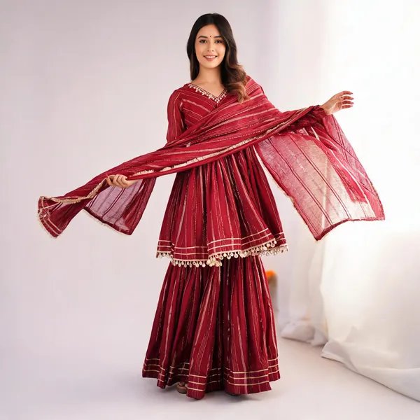 Maroon_Striped_Gota_Work_Sharara_Set_For_Women