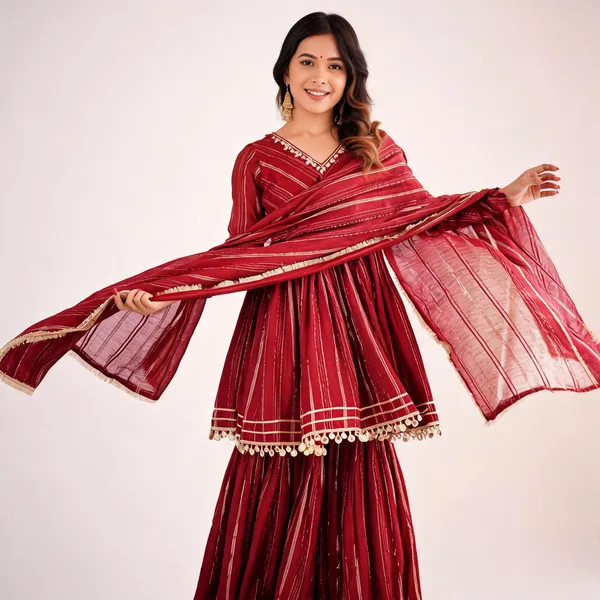 Maroon_Striped_Gota_Work_Sharara_Set_For_Women