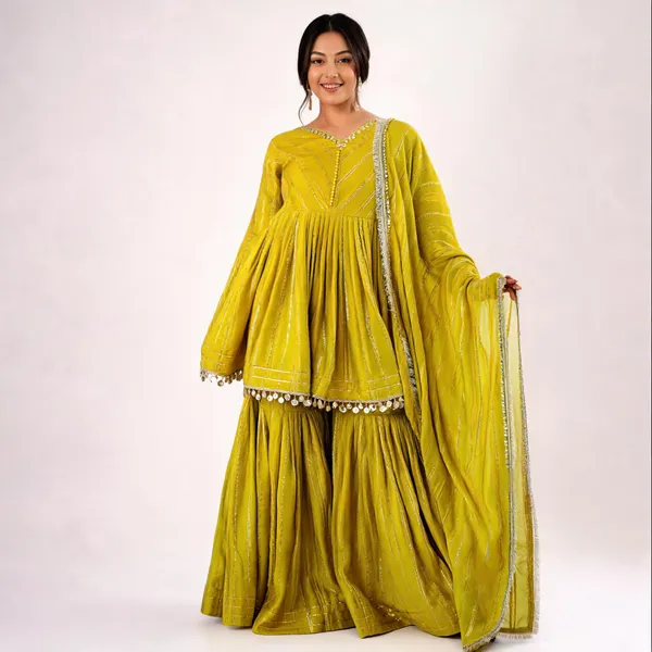 Mehendi_Yellow_Striped_Peplum_Kurti_With_Sharara_And_Dupatta