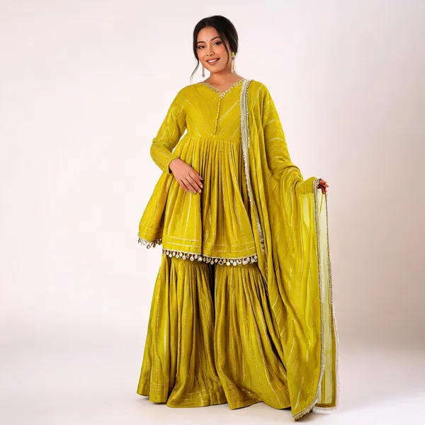 Mehendi_Yellow_Striped_Peplum_Kurti_With_Sharara_And_Dupatta