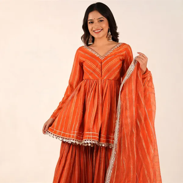 Orange_Striped_Gota_Patti_Gharara_Suit_Set_For_Women