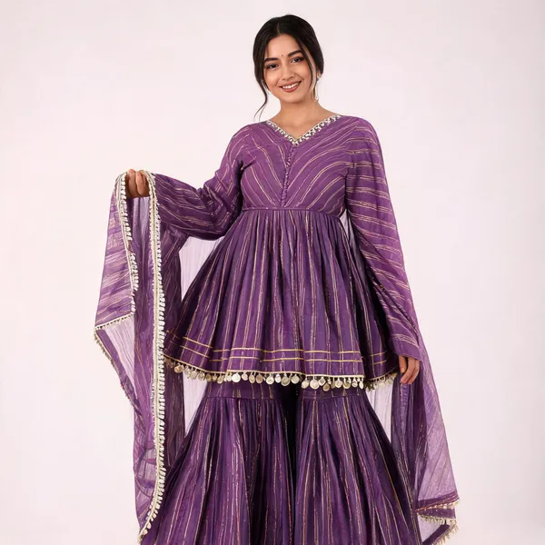 Purple_Striped_Gold_Lurex_Sharara_Suit_With_Dupatta_For_Women