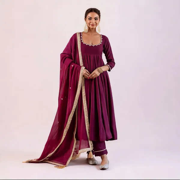 Maroon_Cotton_Anarkali_Suit_Set_With_Gota_Dupatta_For_Women