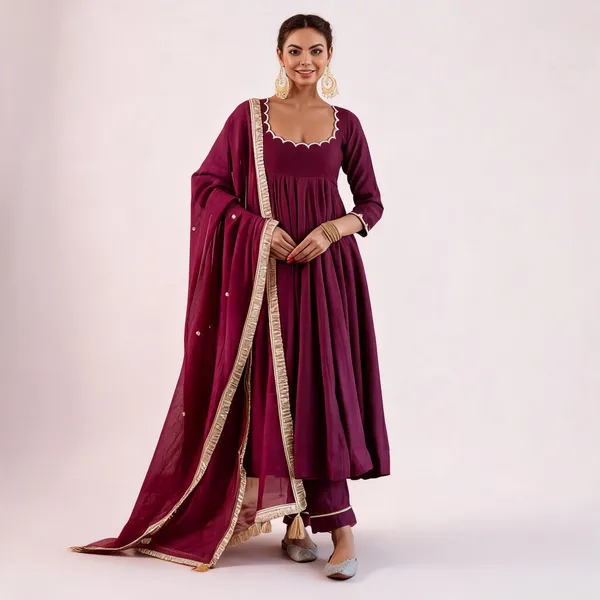 Maroon_Cotton_Anarkali_Suit_Set_With_Gota_Dupatta_For_Women