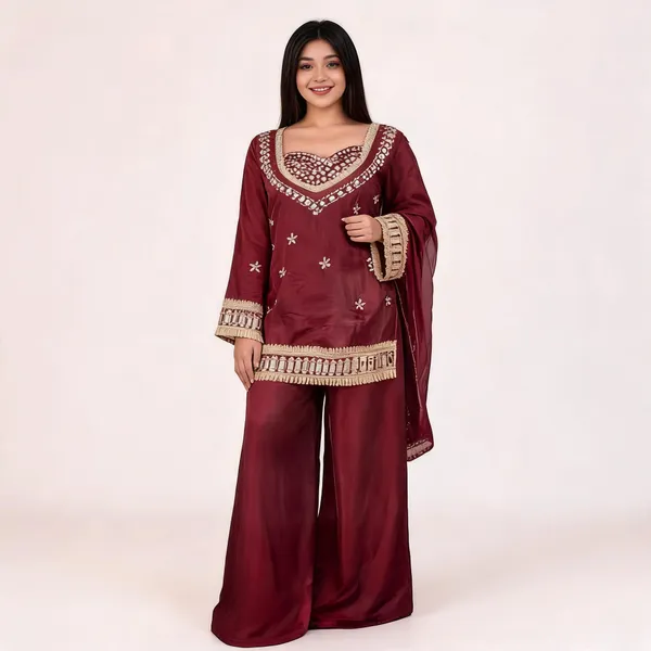 Maroon_Silk_Mirror_Work_Embroidered_Kurti_Palazzo_Set_For_Women
