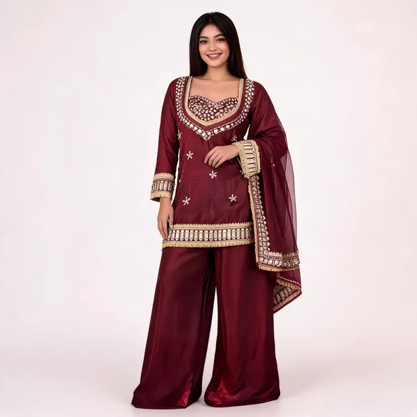 Maroon_Silk_Mirror_Work_Embroidered_Kurti_Palazzo_Set_For_Women