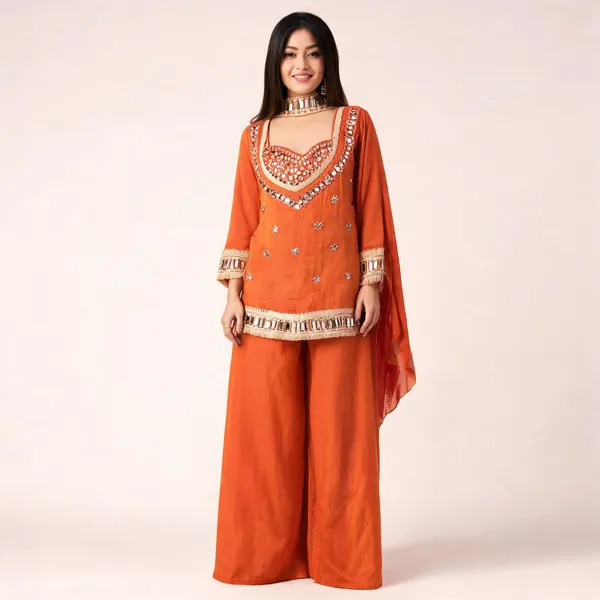 Orange_Mirror_Work_Embroidered_Kurta_Sharara_Set_For_Women