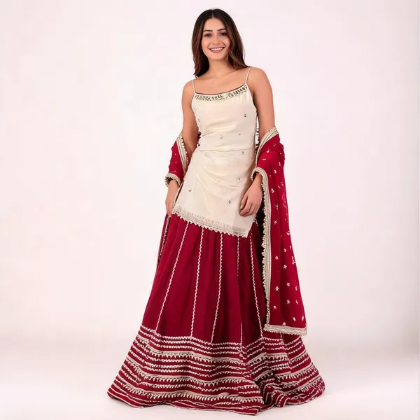 Maroon_And_Ivory_Embroidered_Lehenga_Choli_With_Dupatta_For_Women