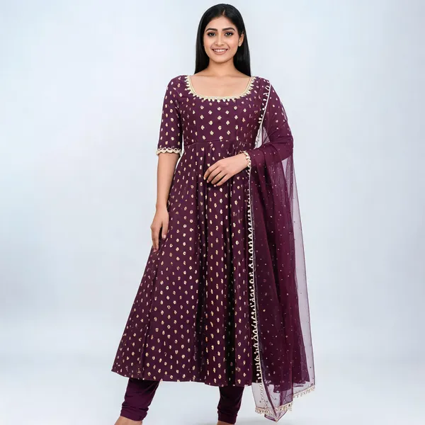 Wine_Purple_Foil_Print_Anarkali_Gown_With_Dupatta_For_Women