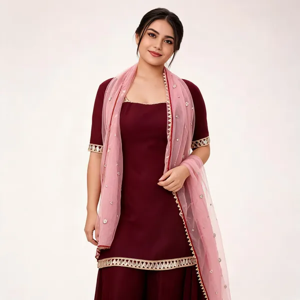 Maroon_Georgette_Mirror_Work_Suit_With_Pink_Net_Dupatta