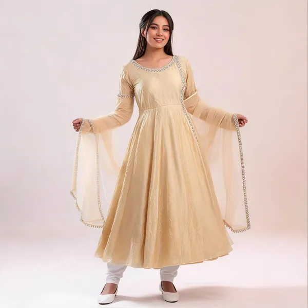 Beige_Textured_Anarkali_Gown_With_Embellished_Dupatta_For_Women