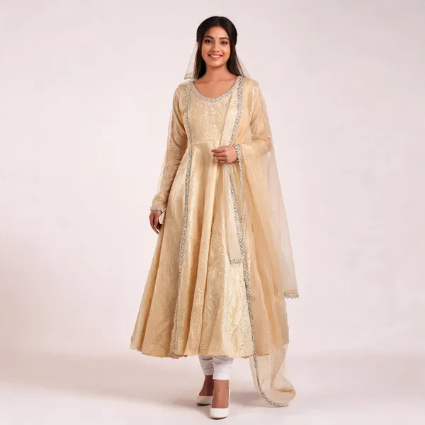 Beige_Textured_Anarkali_Gown_With_Embellished_Dupatta_For_Women