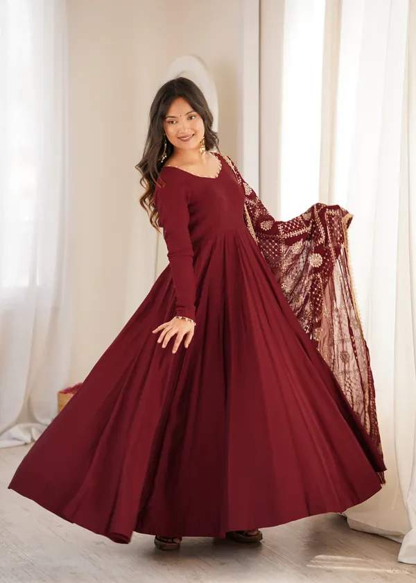Maroon_Flared_Anarkali_Dress_With_Printed_Dupatta